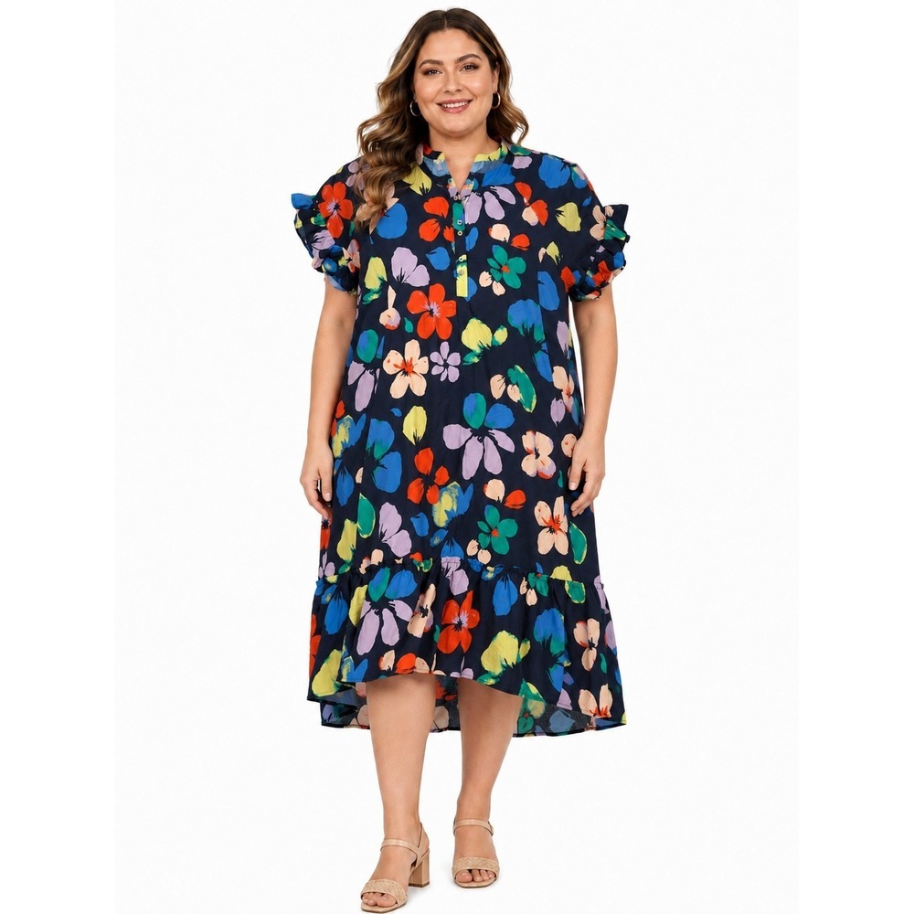 Floral Midi Dress Womens Size 3X Floral Print Ruffle Sleeve Boho Casual Summer